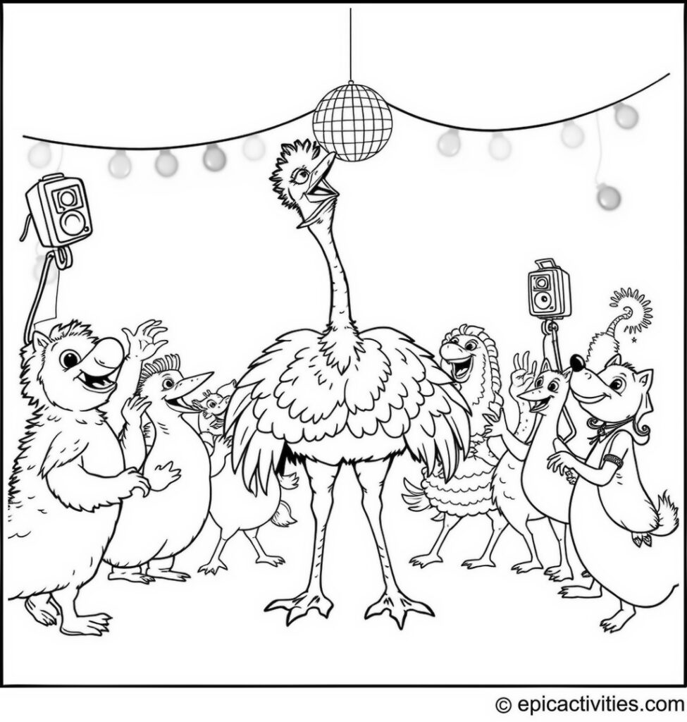 Coloring page of an Ostrich Dance Party
