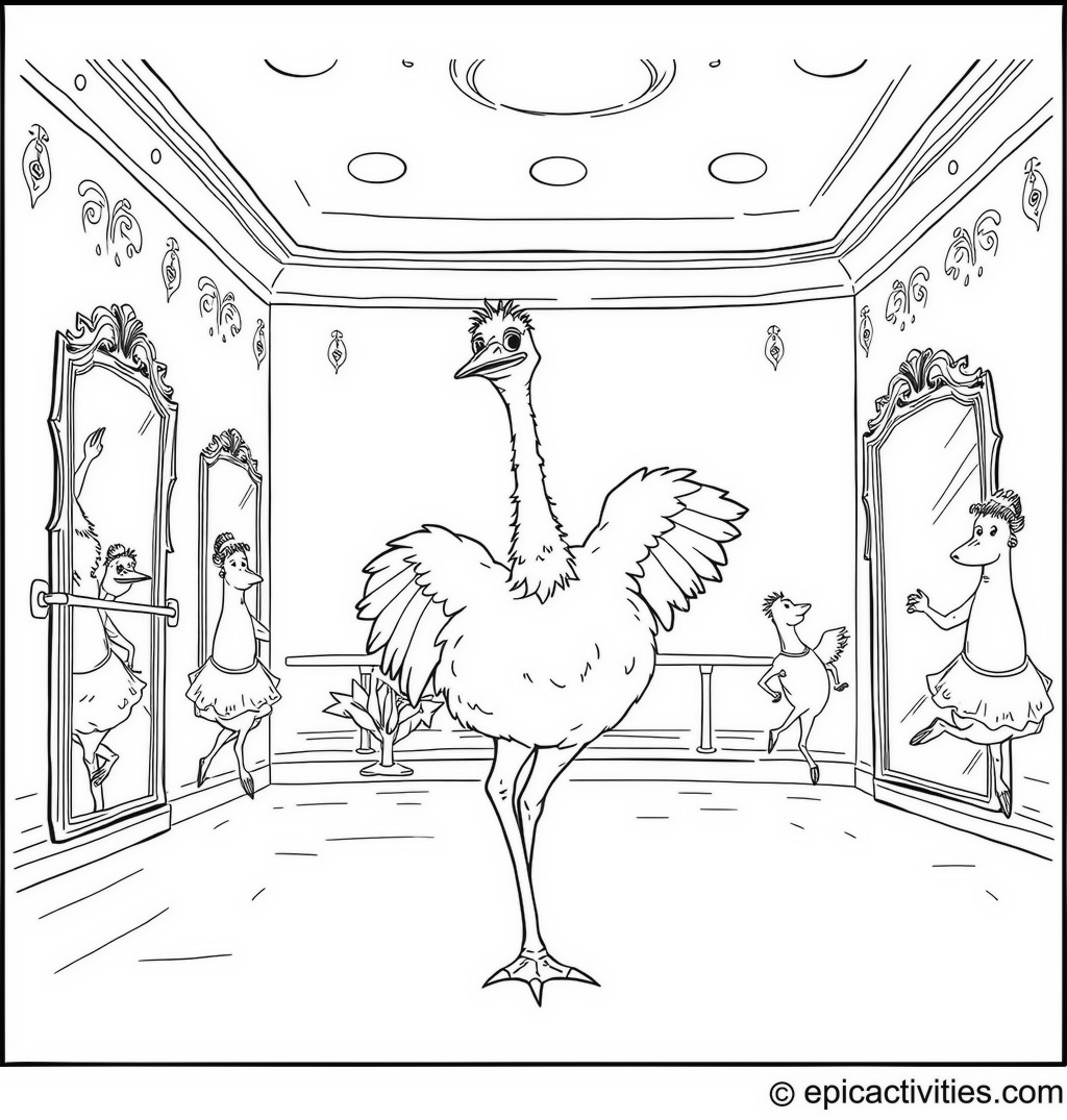 Coloring page of an Ostrich Dancing in a Studio with Dancing Animals