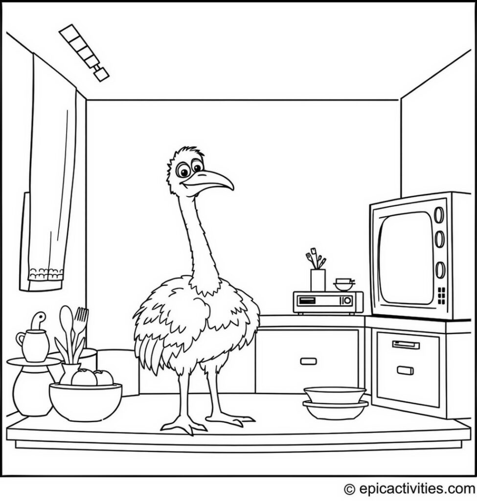 Coloring page of an Ostrich Hosting a Cooking Show