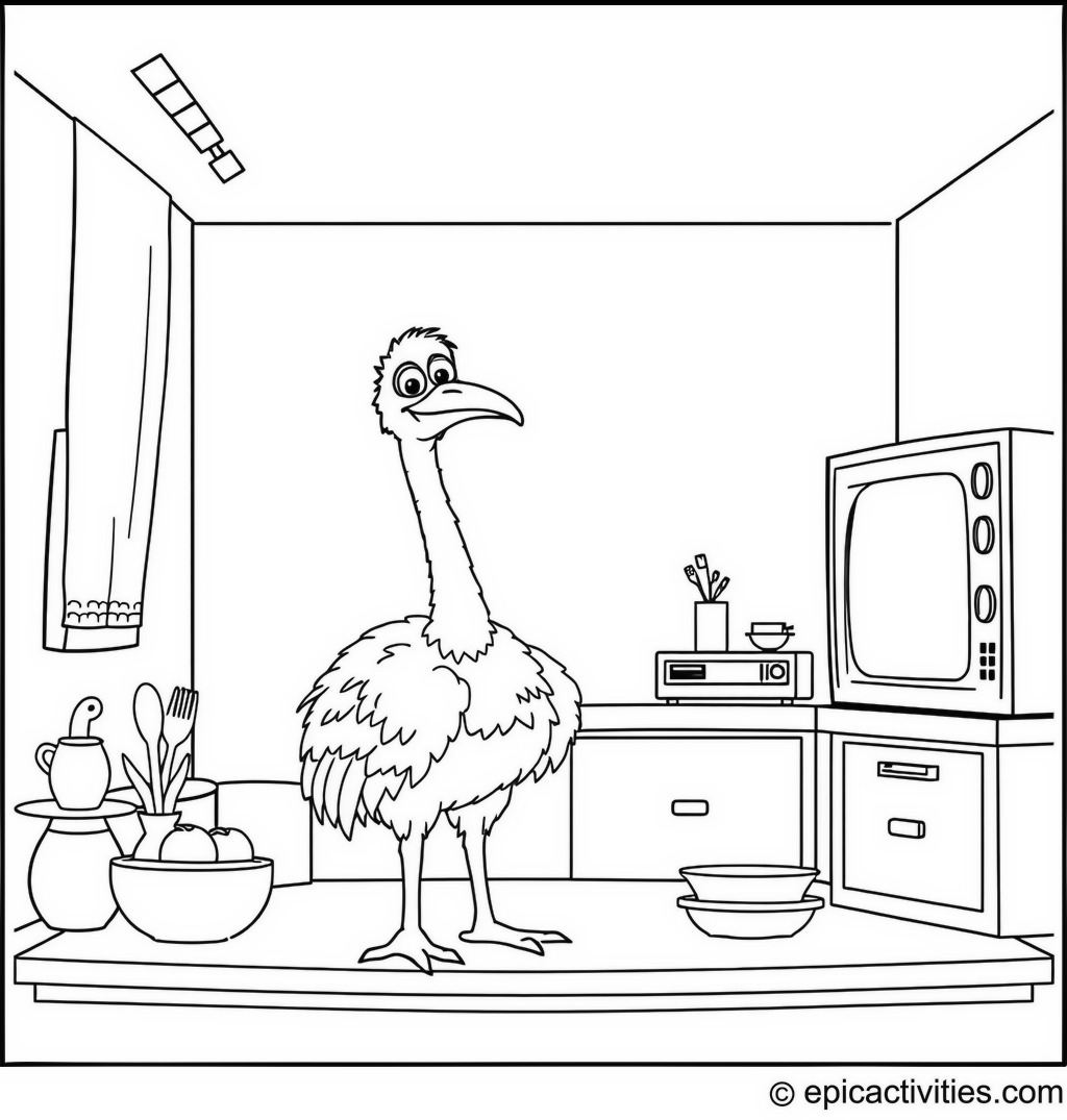 Coloring page of an Ostrich Hosting a Cooking Show