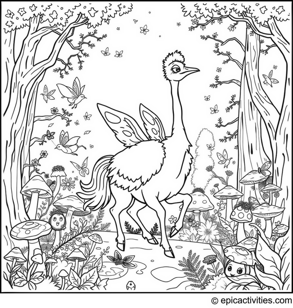 Coloring page of an Ostrich Riding a Magical Unicorn Through a Fairy Tale Forest
