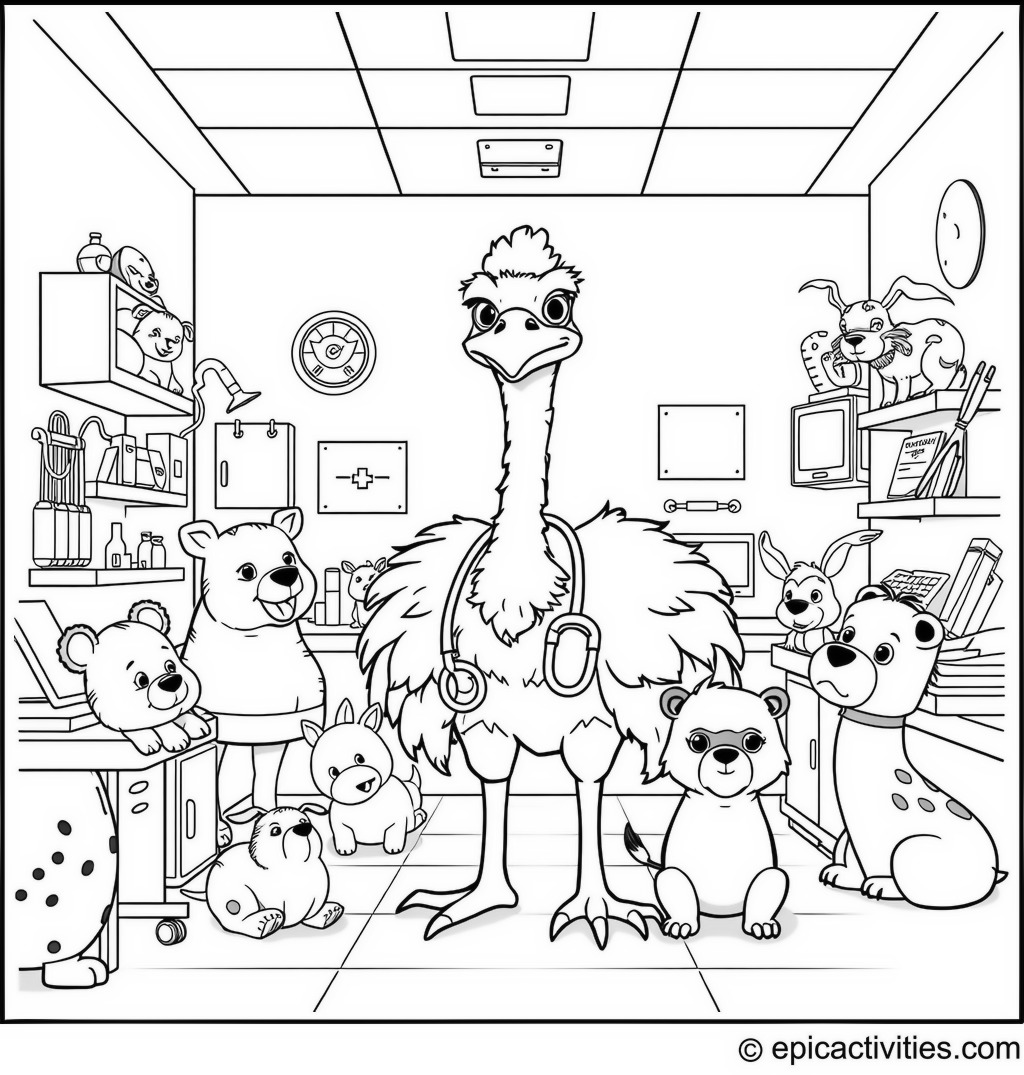 Coloring page of an Ostrich Veterinarian at an Animal Clinic