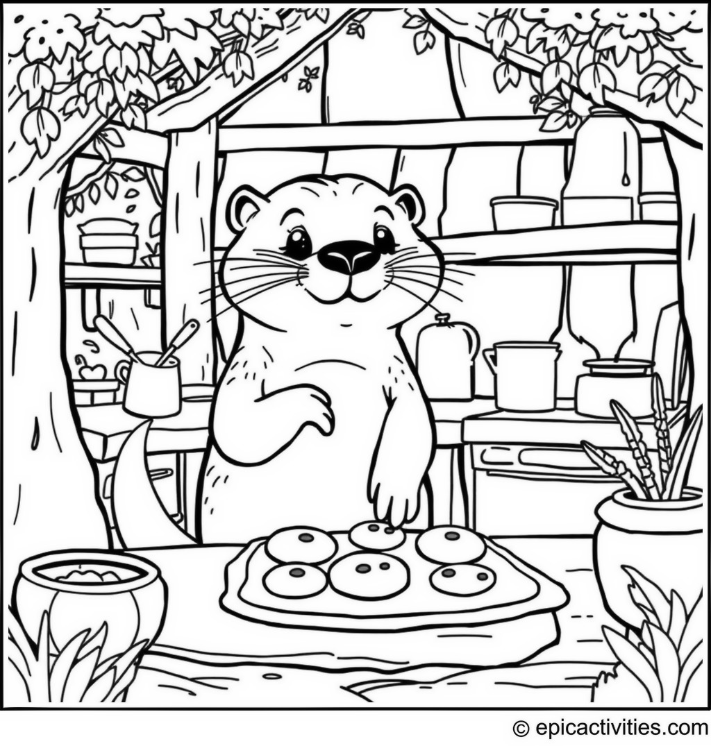 Coloring Page of an Otter Baking Cookies in an Outdoor Woodland Kitchen
