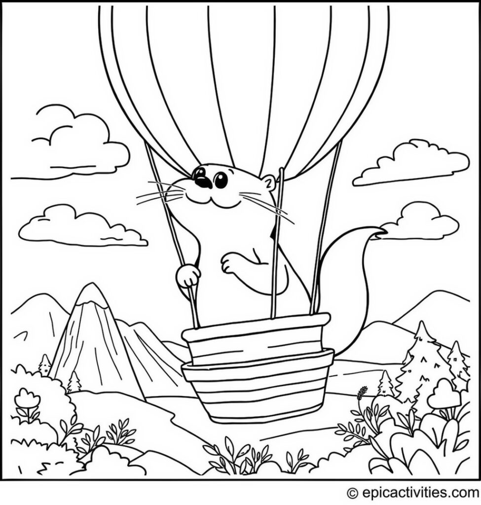 Coloring page of an Otter in a Hot Air Balloon Adventure