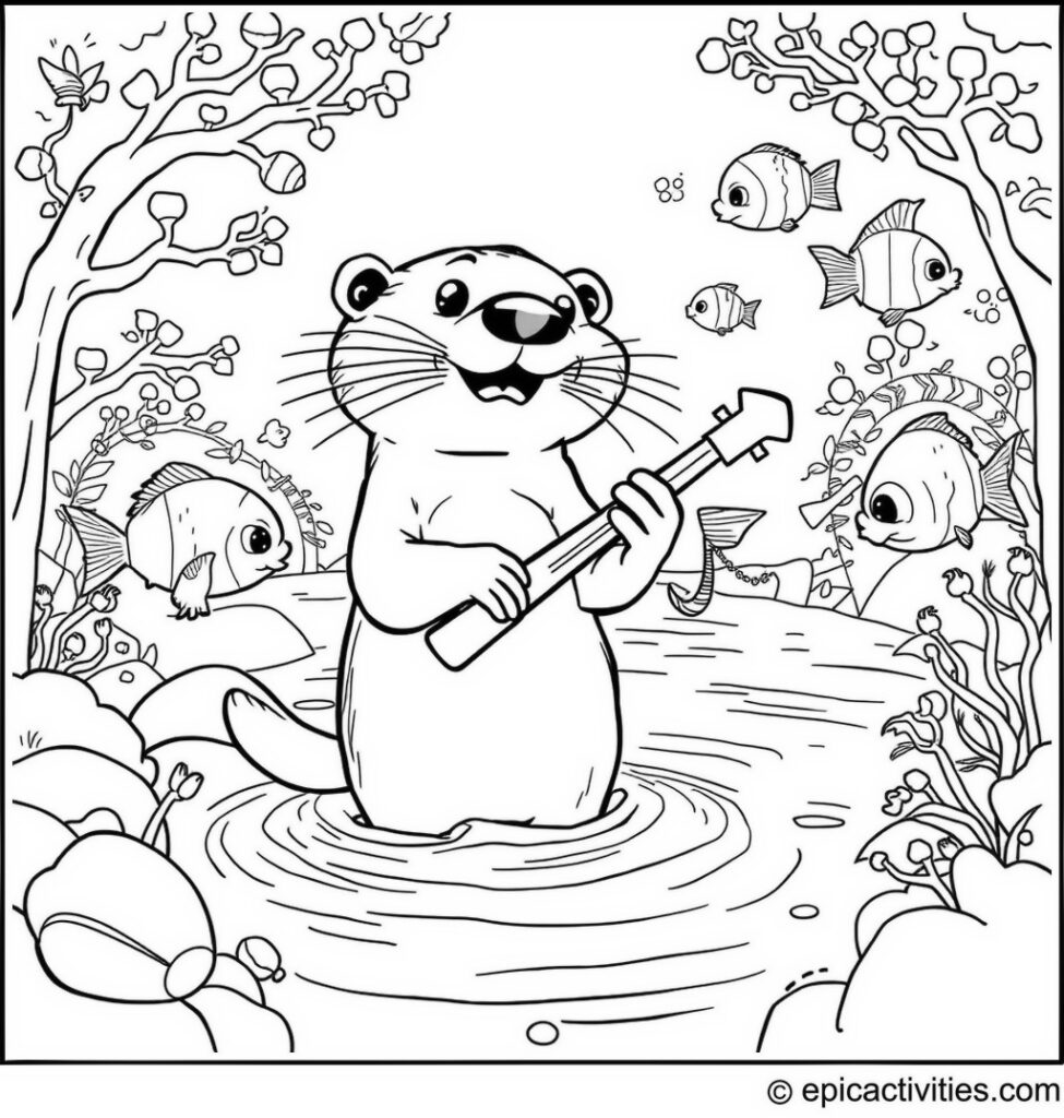 Coloring page of an Otter Leading a Fish Parade in a Fantasy River