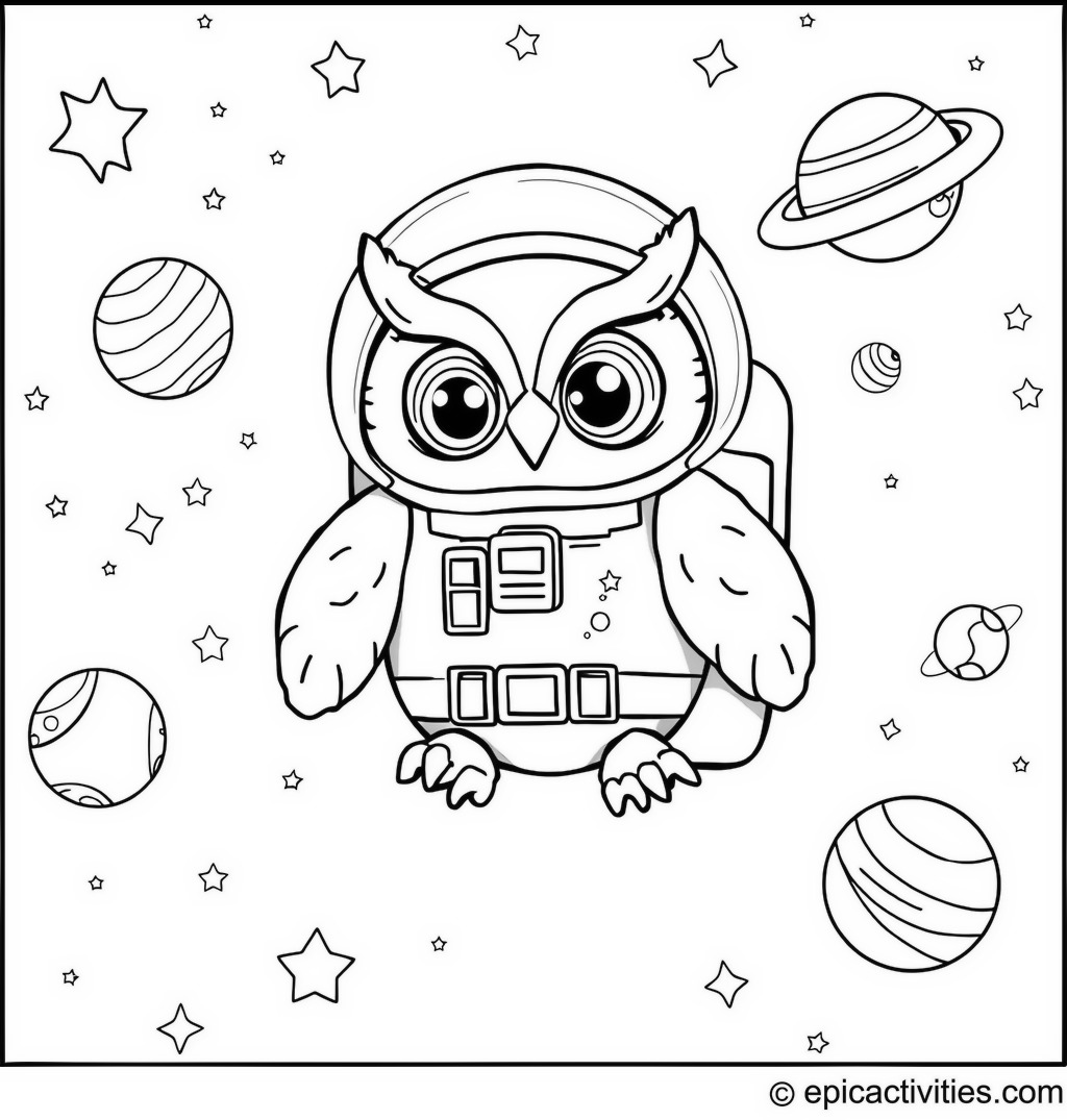 Coloring page of an Owl Astronaut in Space