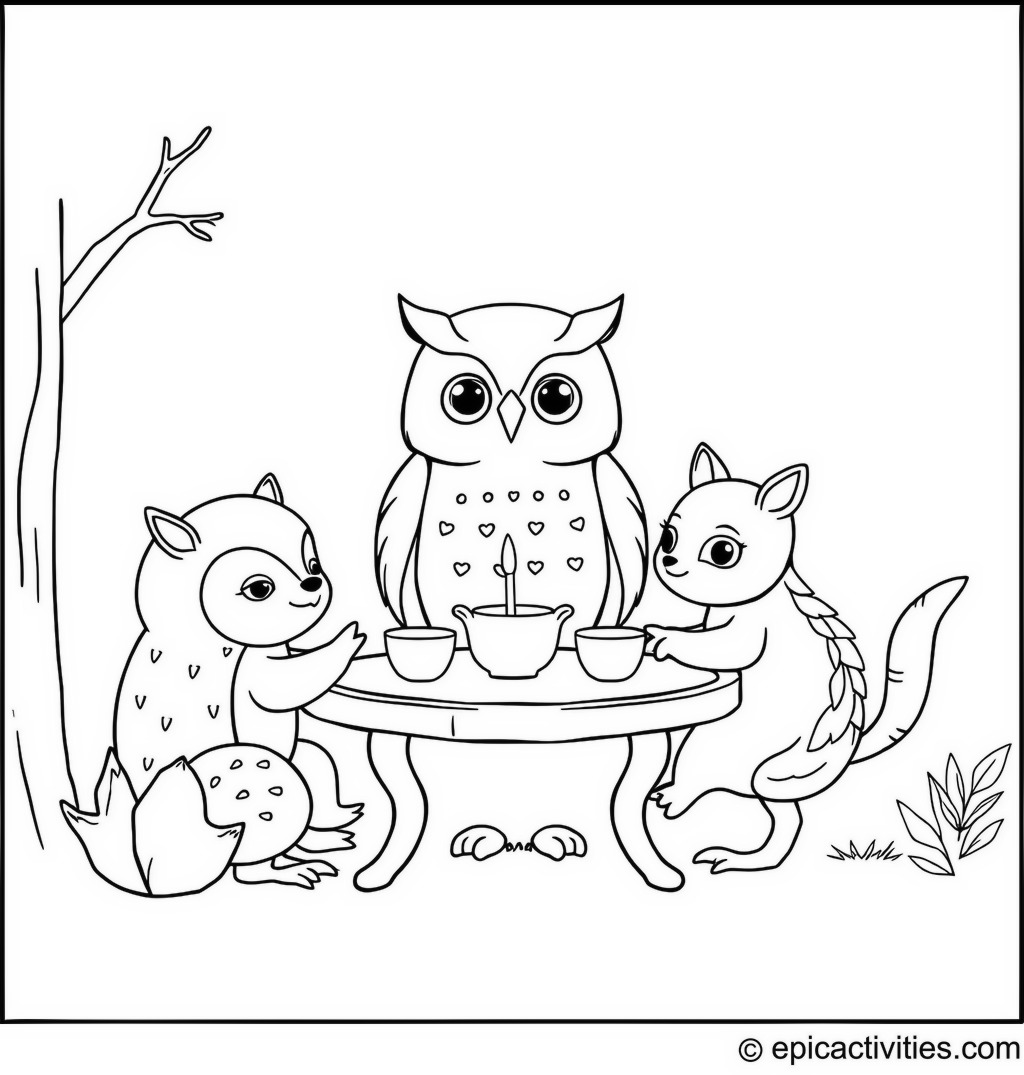 Coloring page of an Owl Tea Party with Forest Animals