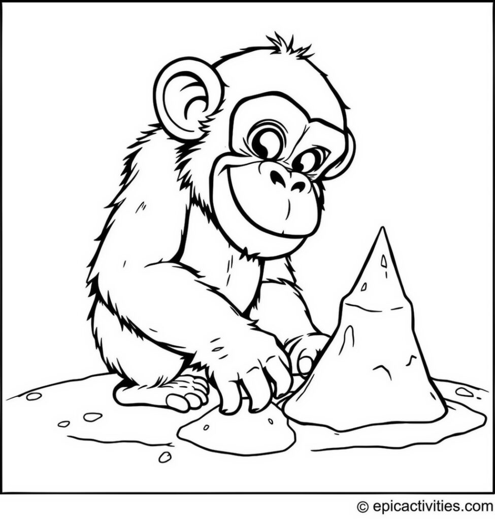 Coloring page of Cartoon Chimpanzee Building a Sandcastle on the Beach