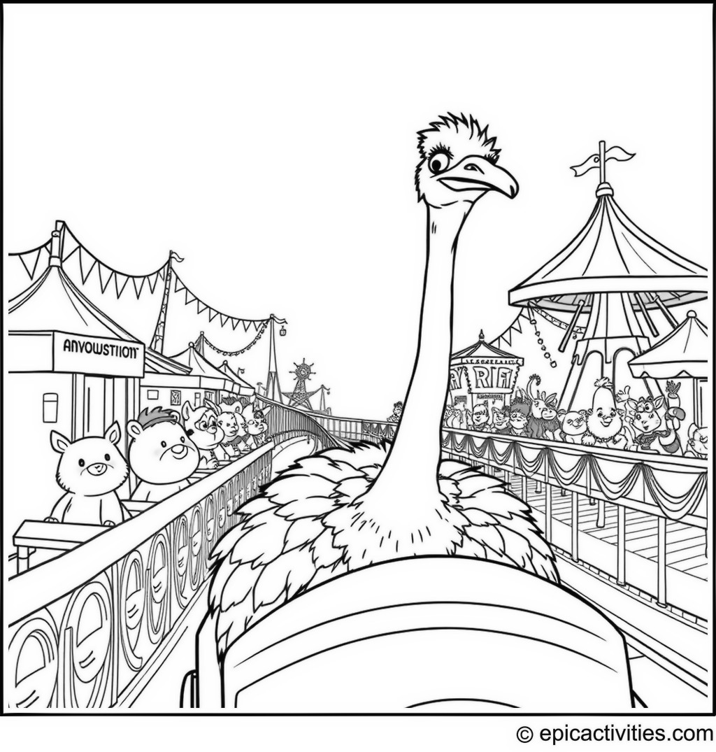 Coloring page of Cartoon Ostrich at a Fun Amusement Park