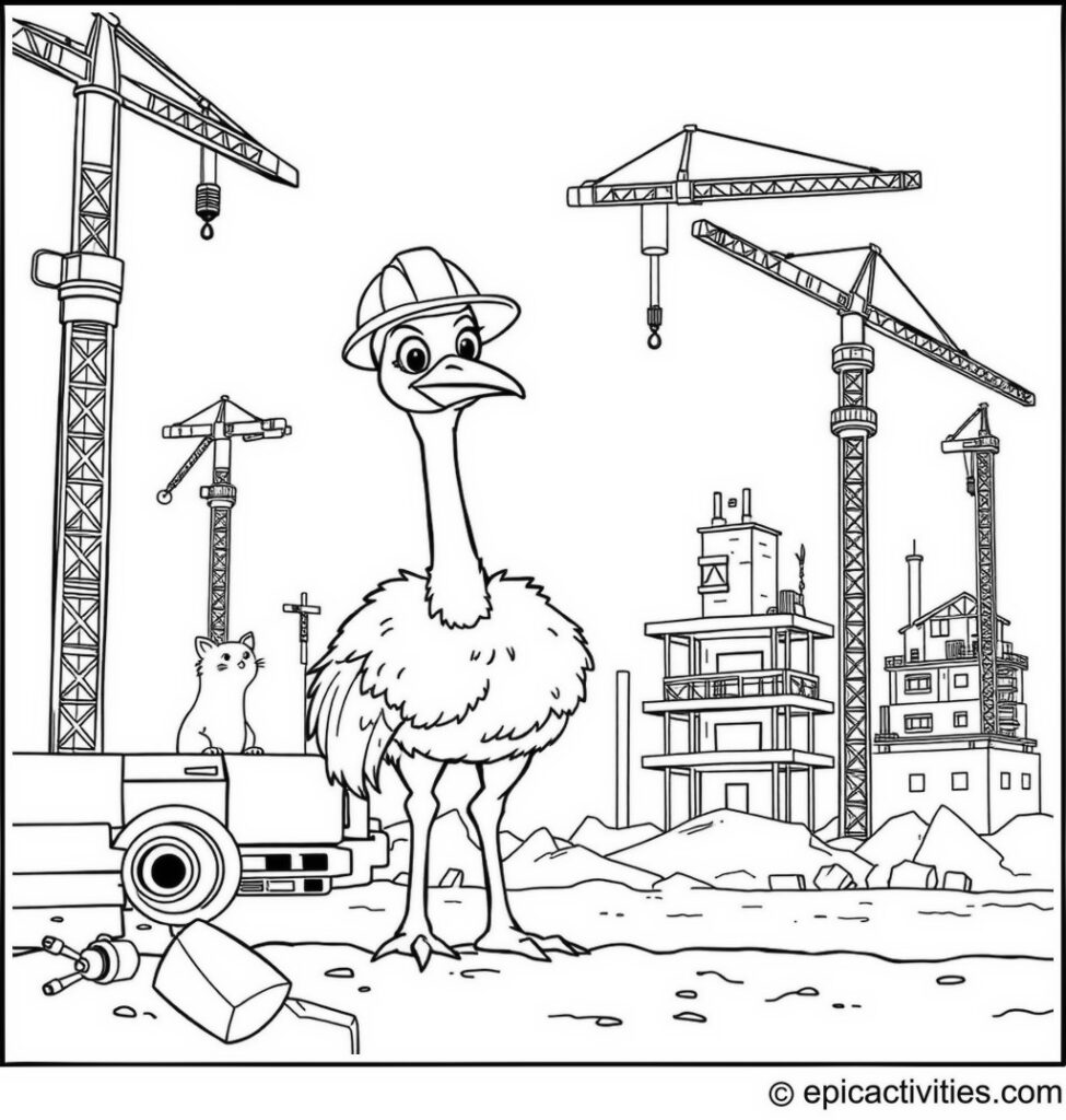 Coloring page of Cartoon Ostrich Operating a Crane at a Construction Site