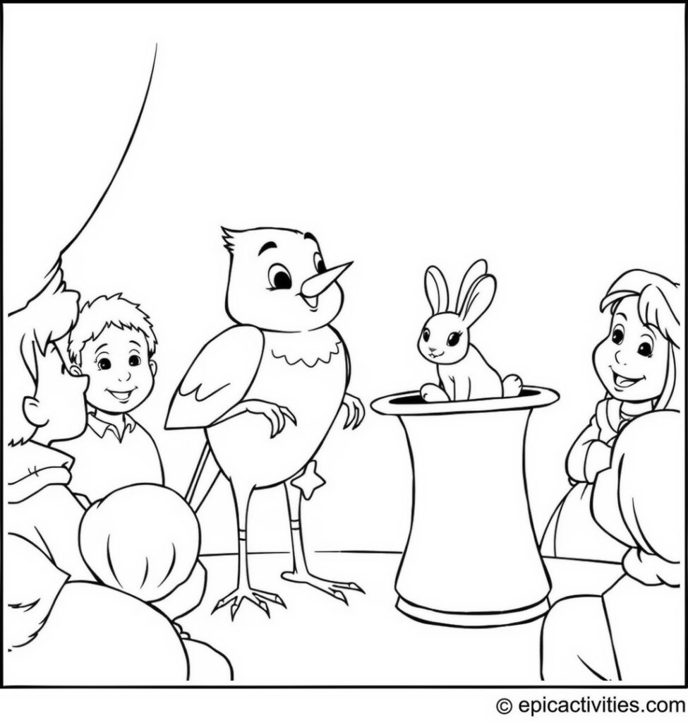 Coloring page of Cartoon Robin as a Magician with Magical Rabbit
