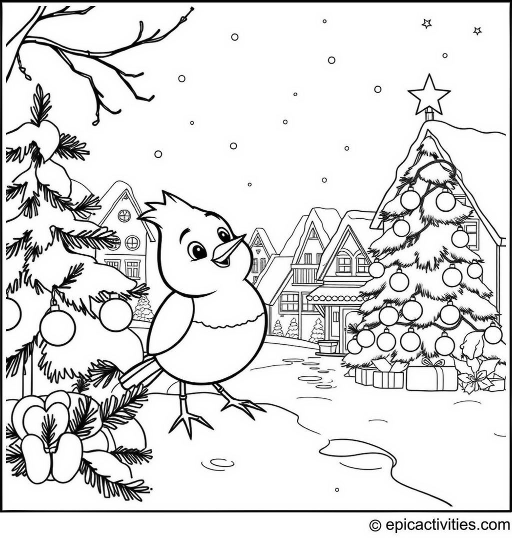 Coloring page of Cartoon Robin Decorating a Christmas Tree in a Snowy Village
