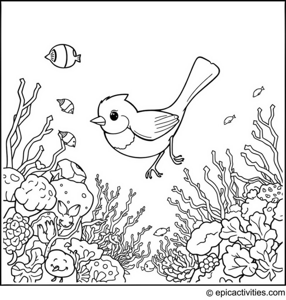 Coloring page of Cartoon Robin Diving into Underwater World