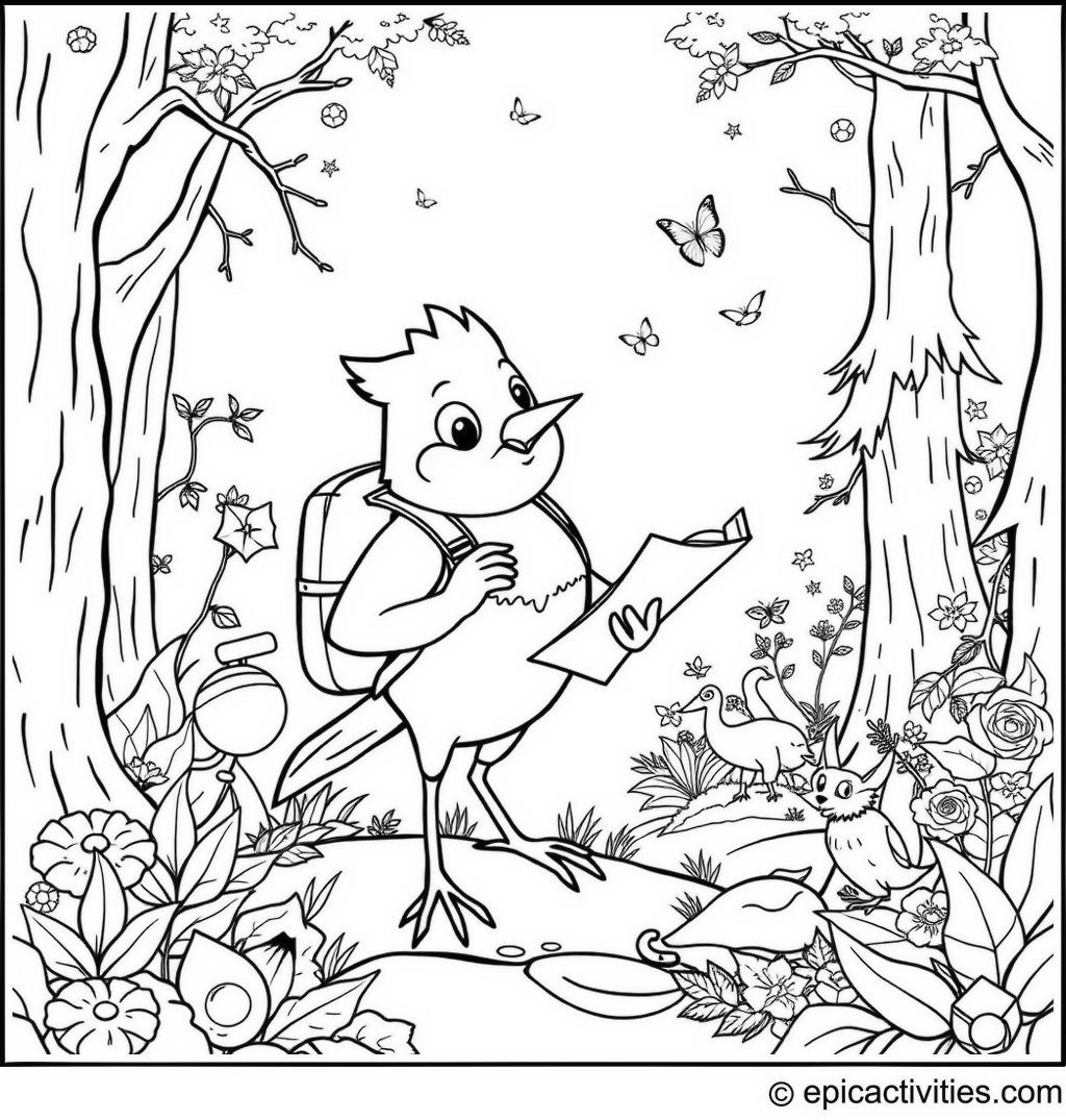 Coloring page of Cartoon Robin Exploring Enchanted Forest