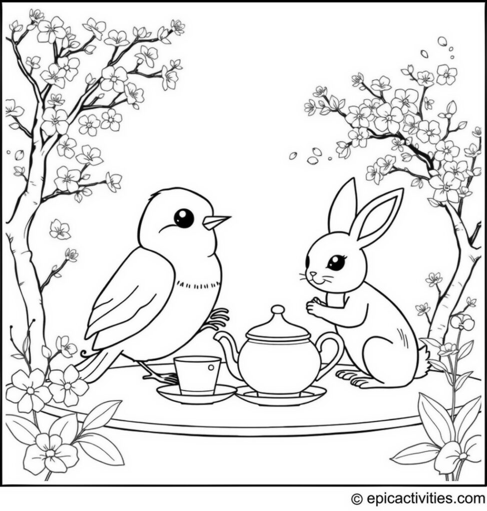 Coloring page of Cartoon robin having a tea party with a bunny