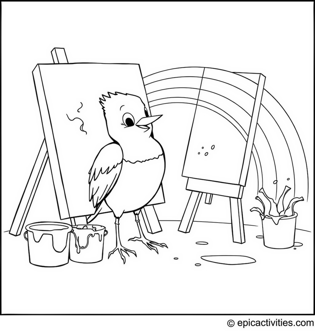 Coloring page of Cartoon Robin Painting a Rainbow