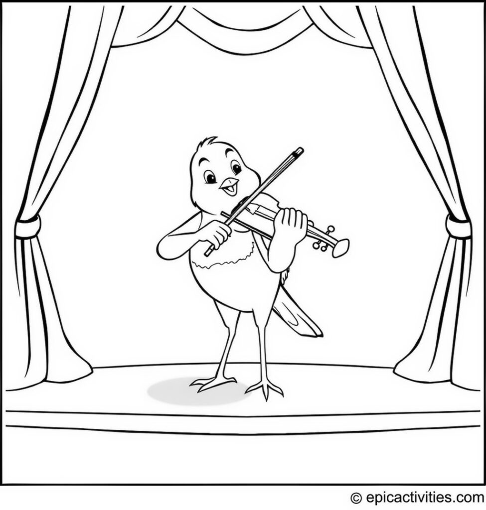 Coloring page of Cartoon robin playing a violin on stage