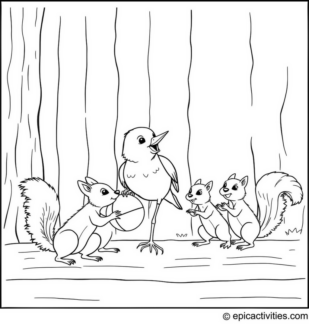 Coloring page of Cartoon Robin Playing Basketball with Squirrel Team