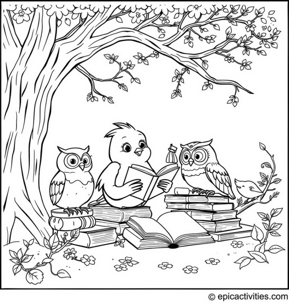 Coloring page of Cartoon Robin Reading with Owls in a Tree