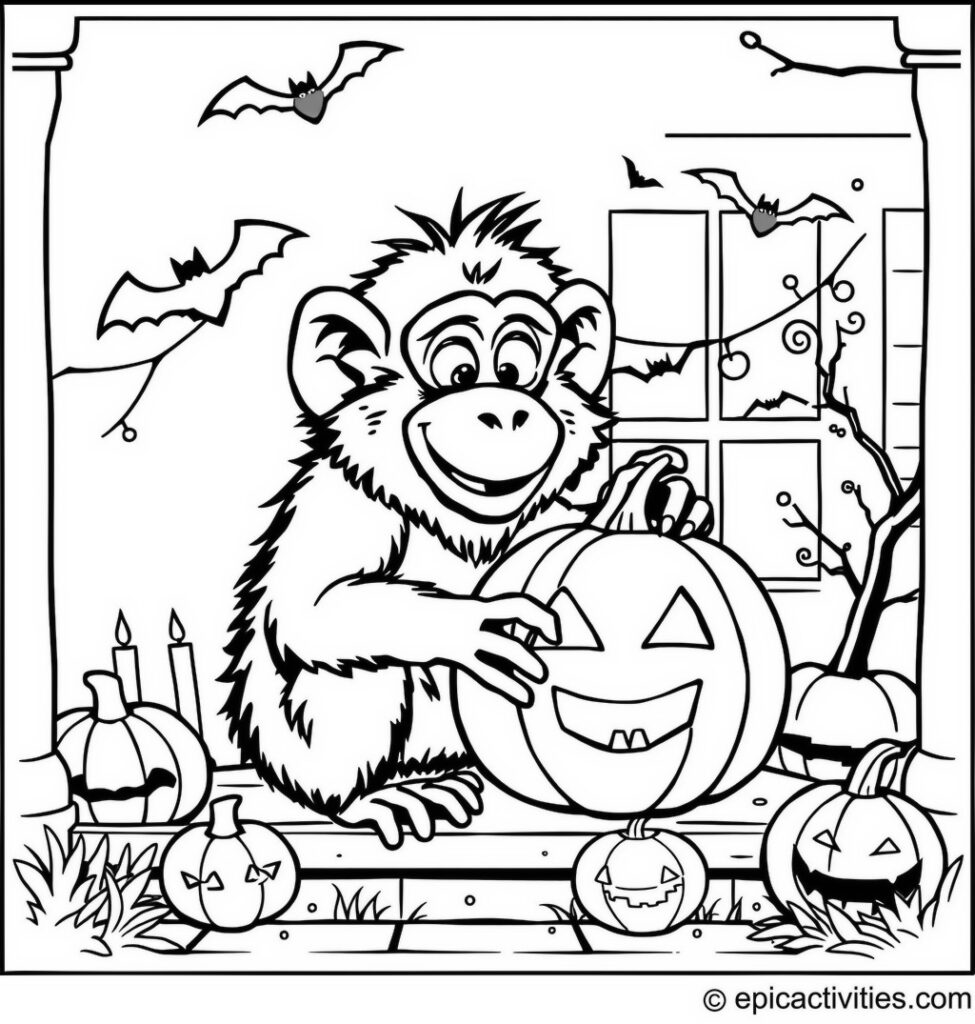 Coloring page of Cute Cartoon Baboon Carving a Pumpkin for Halloween