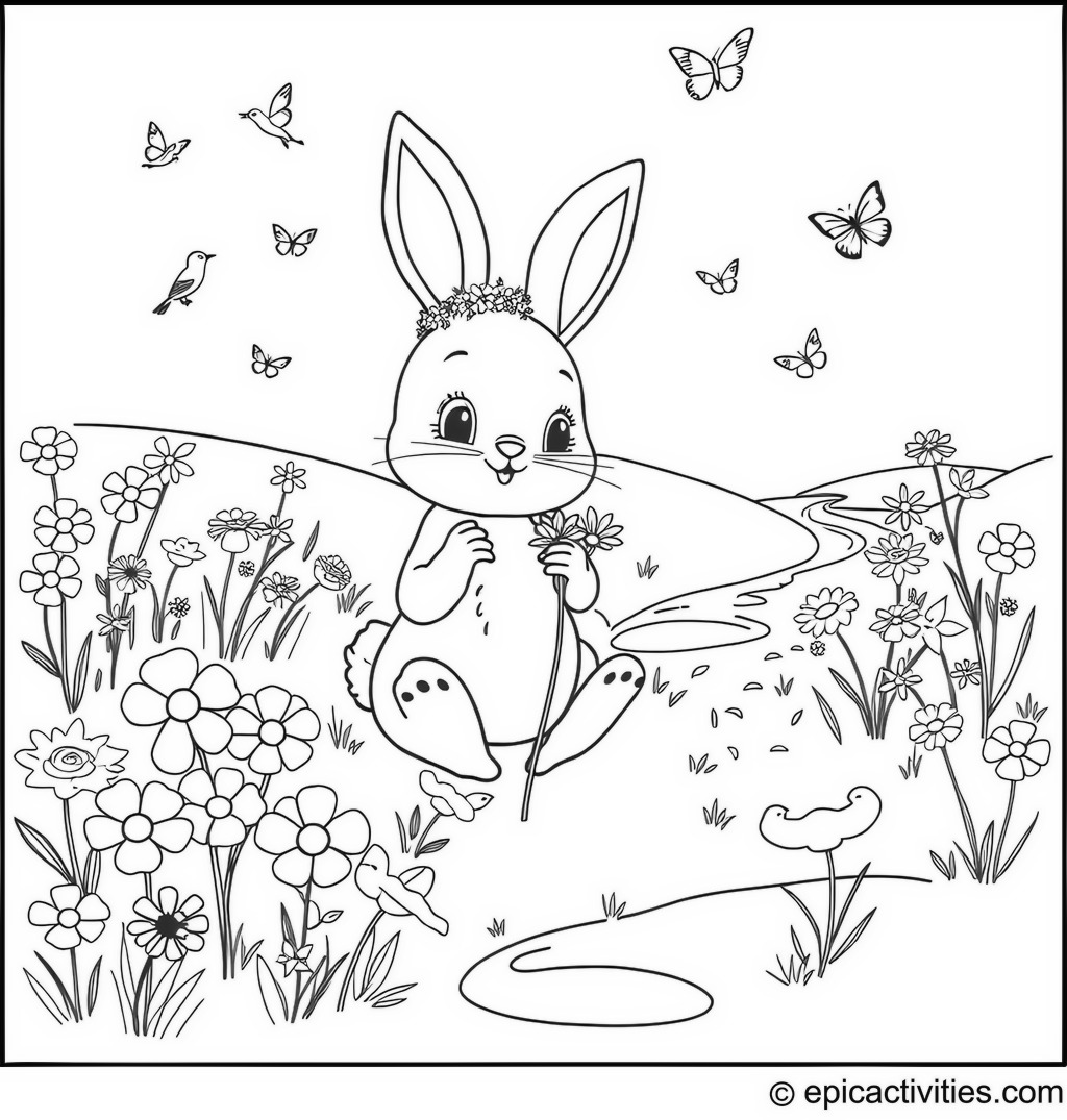 Coloring page of Cute Cartoon Bunny Making a Flower Crown in a Meadow