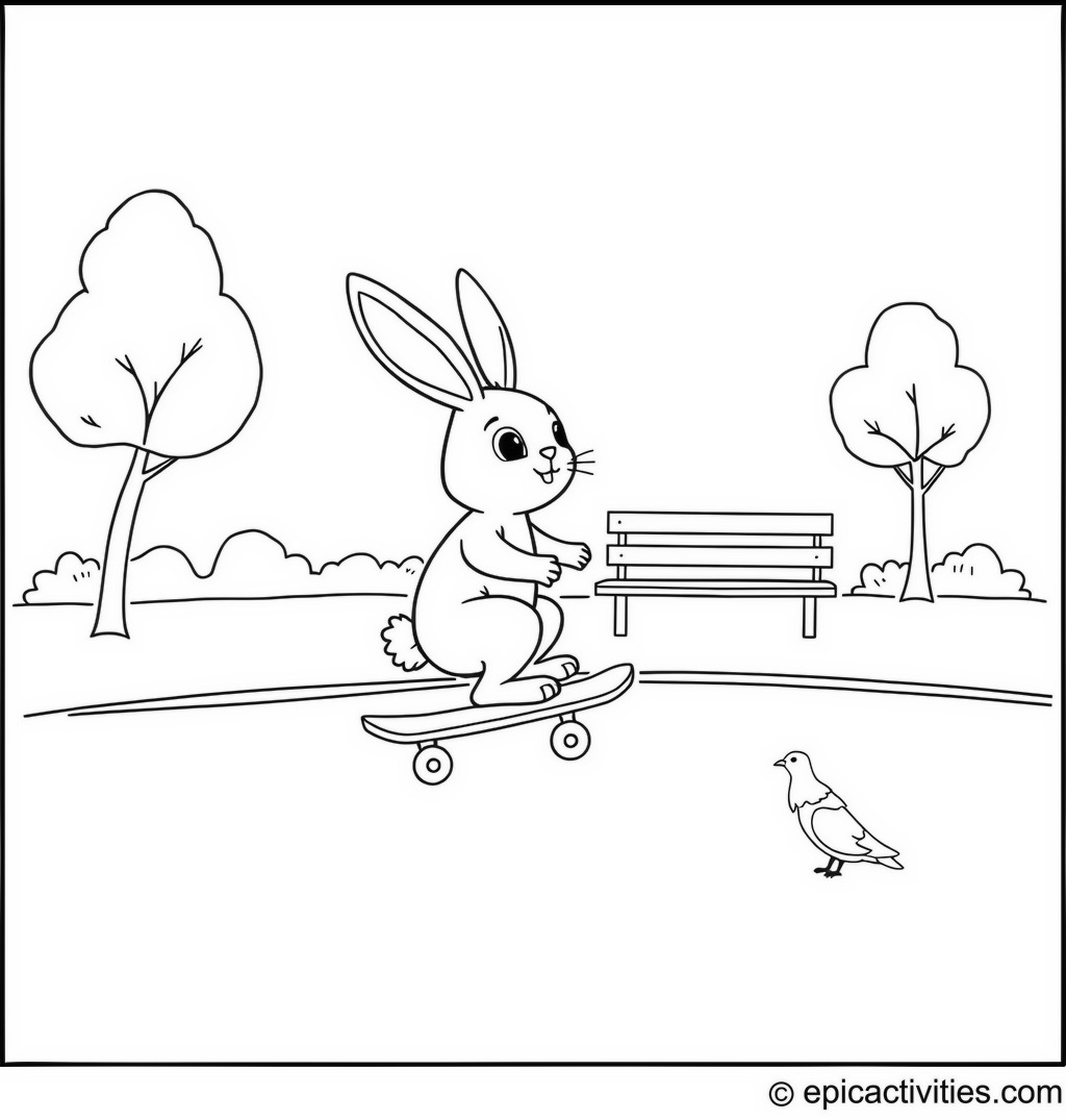 Coloring page of Cute Cartoon Bunny Riding a Skateboard in the Park