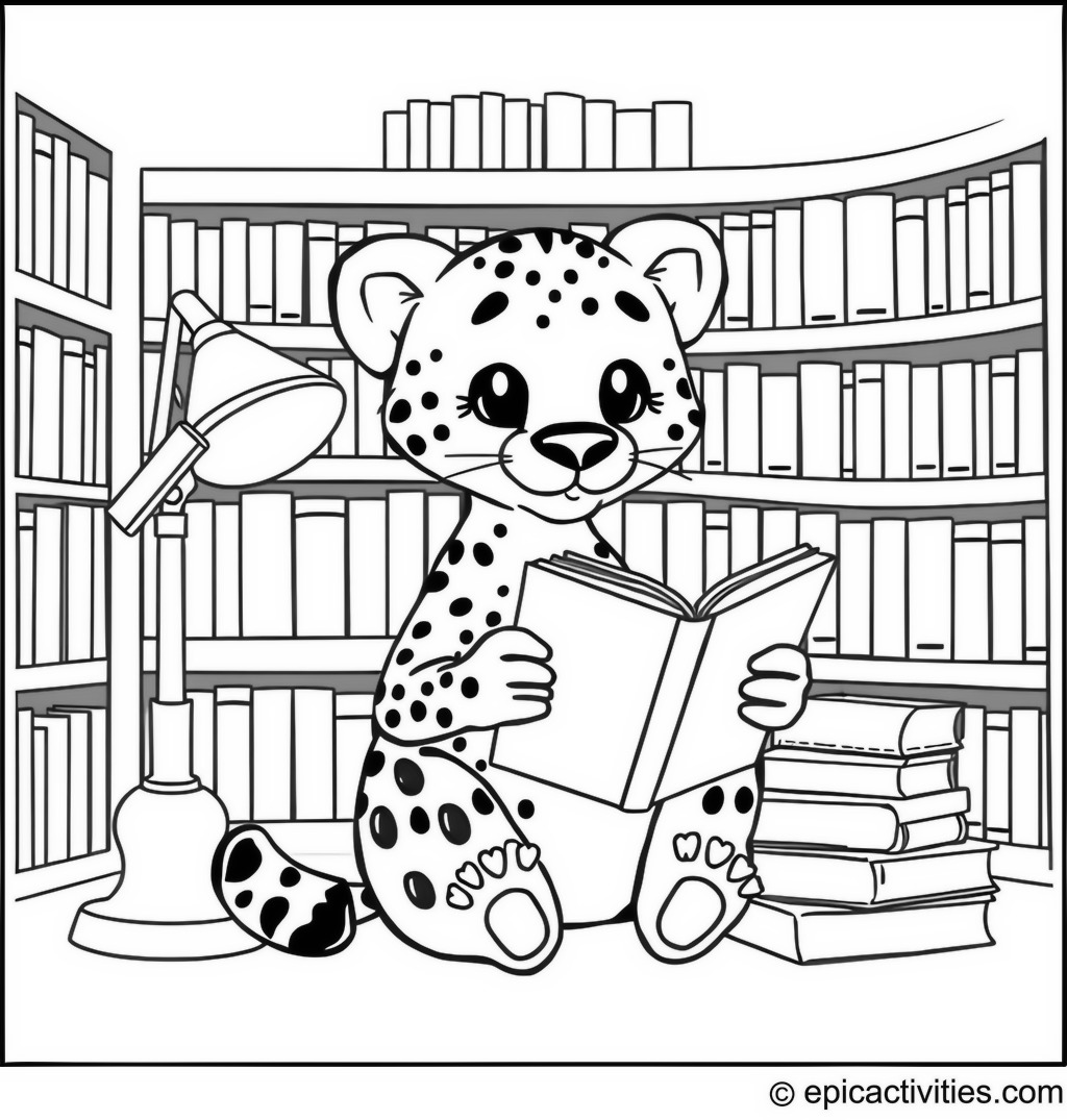 Coloring Page of Cute Cartoon Cheetah in a Cozy Library