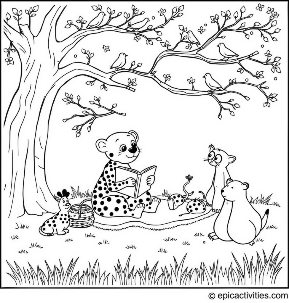 Coloring page of Cute Cartoon Cheetah Reading a Storybook Under a Tree