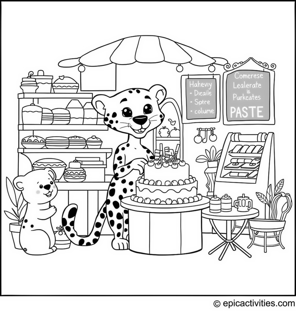 Coloring page of Cute Cartoon Cheetah Running a Bakery
