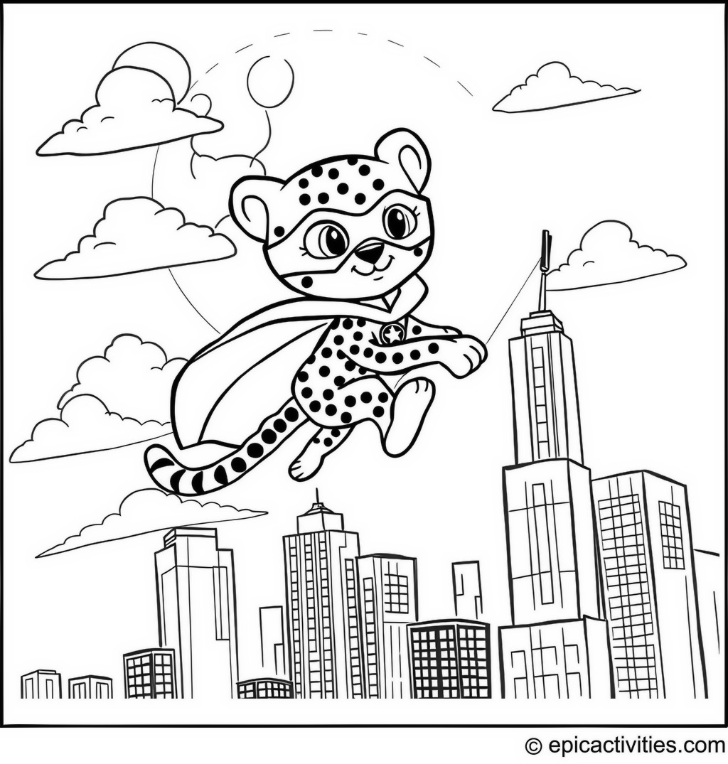 Coloring page of Cute Cartoon Cheetah Superhero Flying Over the City