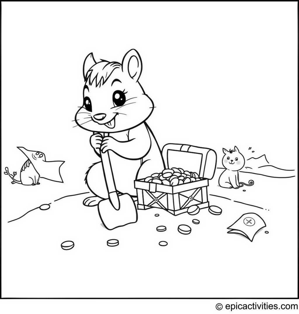 Coloring page of Cute Cartoon Chipmunk Digging for Buried Treasure on a Sandy Beach