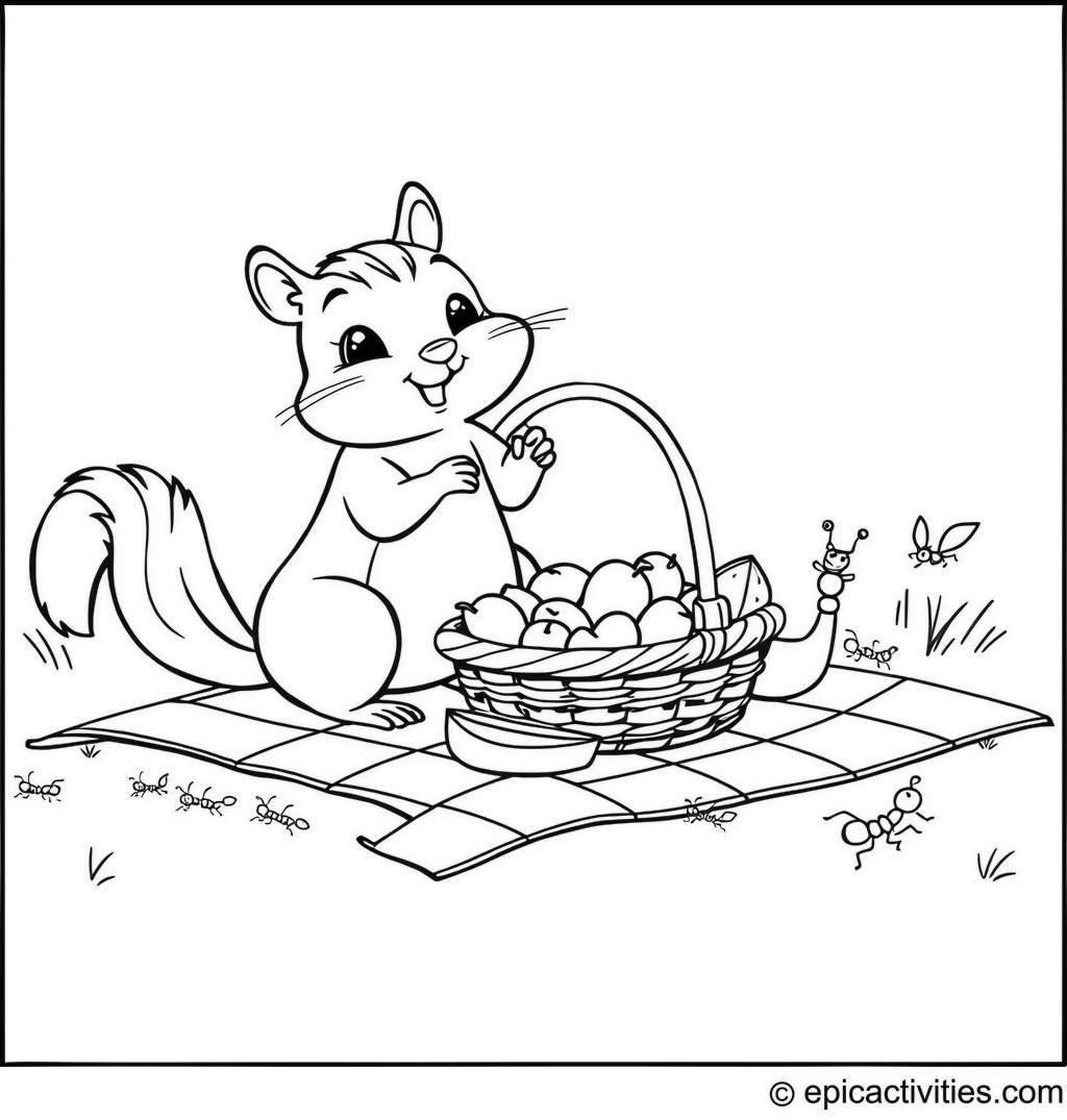 Coloring page of Cute Cartoon Chipmunk Picnic