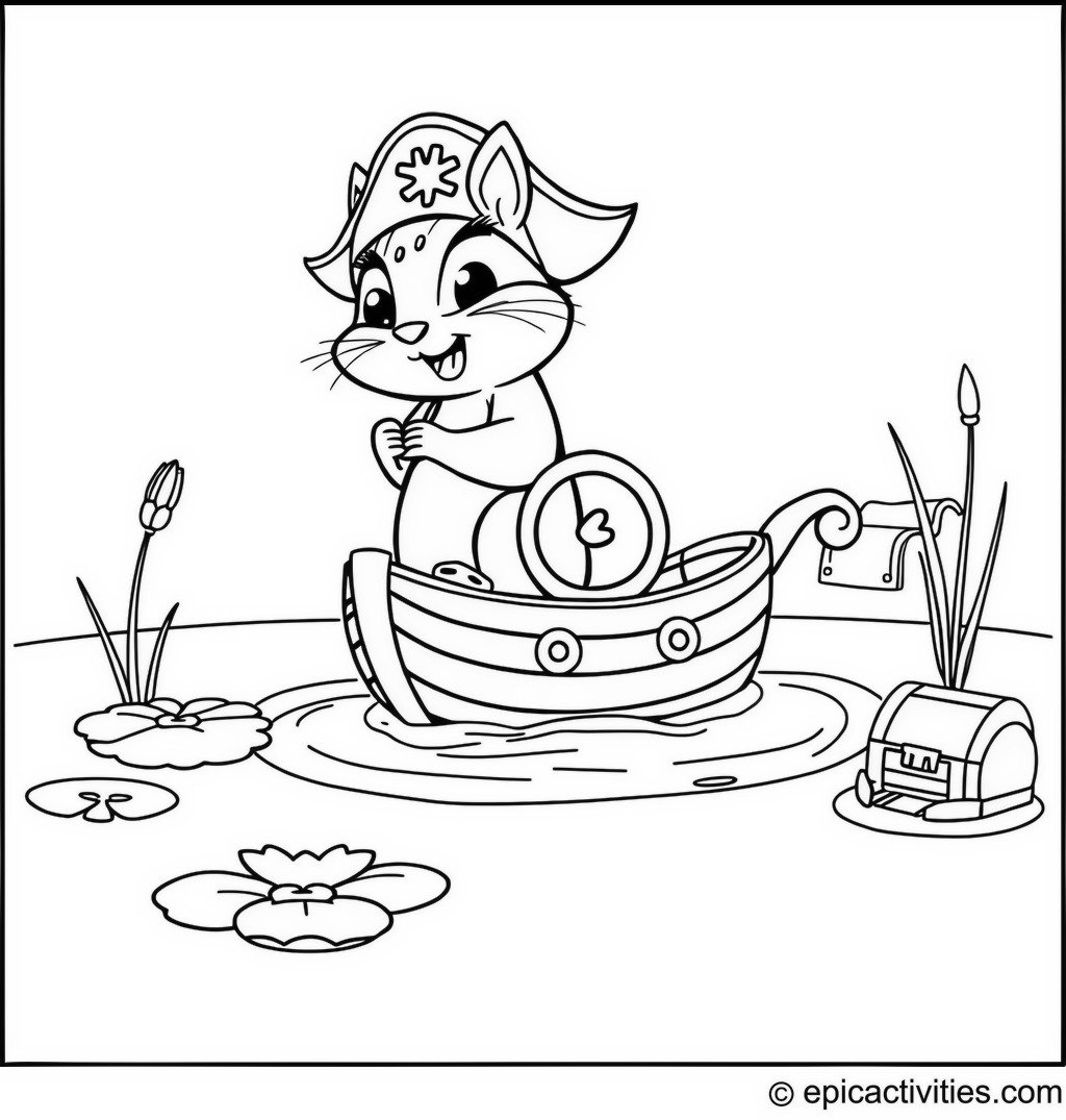 Coloring page of Cute Cartoon Chipmunk Pirate on a Tiny Ship Adventure