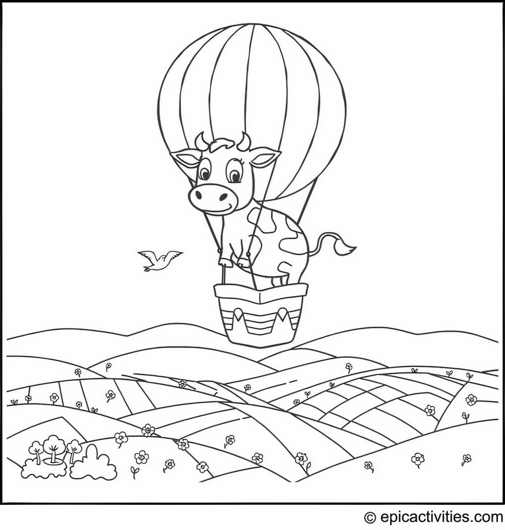 Coloring page of Cute Cartoon Cow in a Hot Air Balloon Adventure