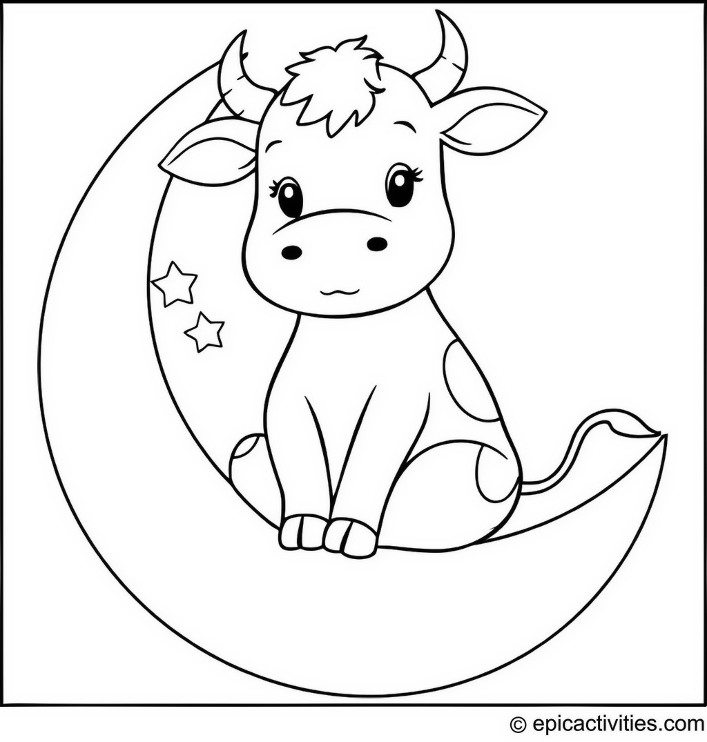 Coloring page of Cute Cartoon Cow Seated on a Crescent Moon Holding a Tiny Star