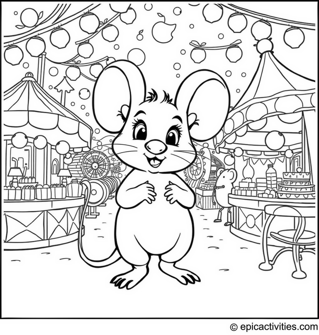 Coloring page of Cute Cartoon Mouse at a Vibrant Carnival
