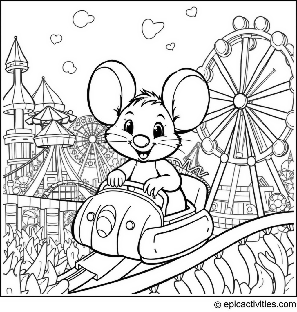 Coloring page of Cute Cartoon Mouse at the Amusement Park