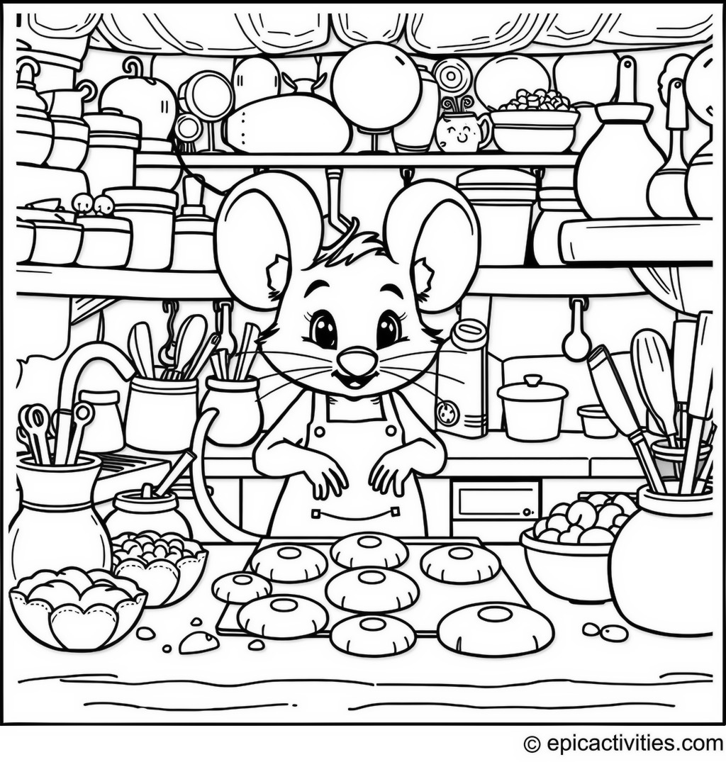 Coloring page of Cute Cartoon Mouse Baking Cookies in a Detailed Kitchen