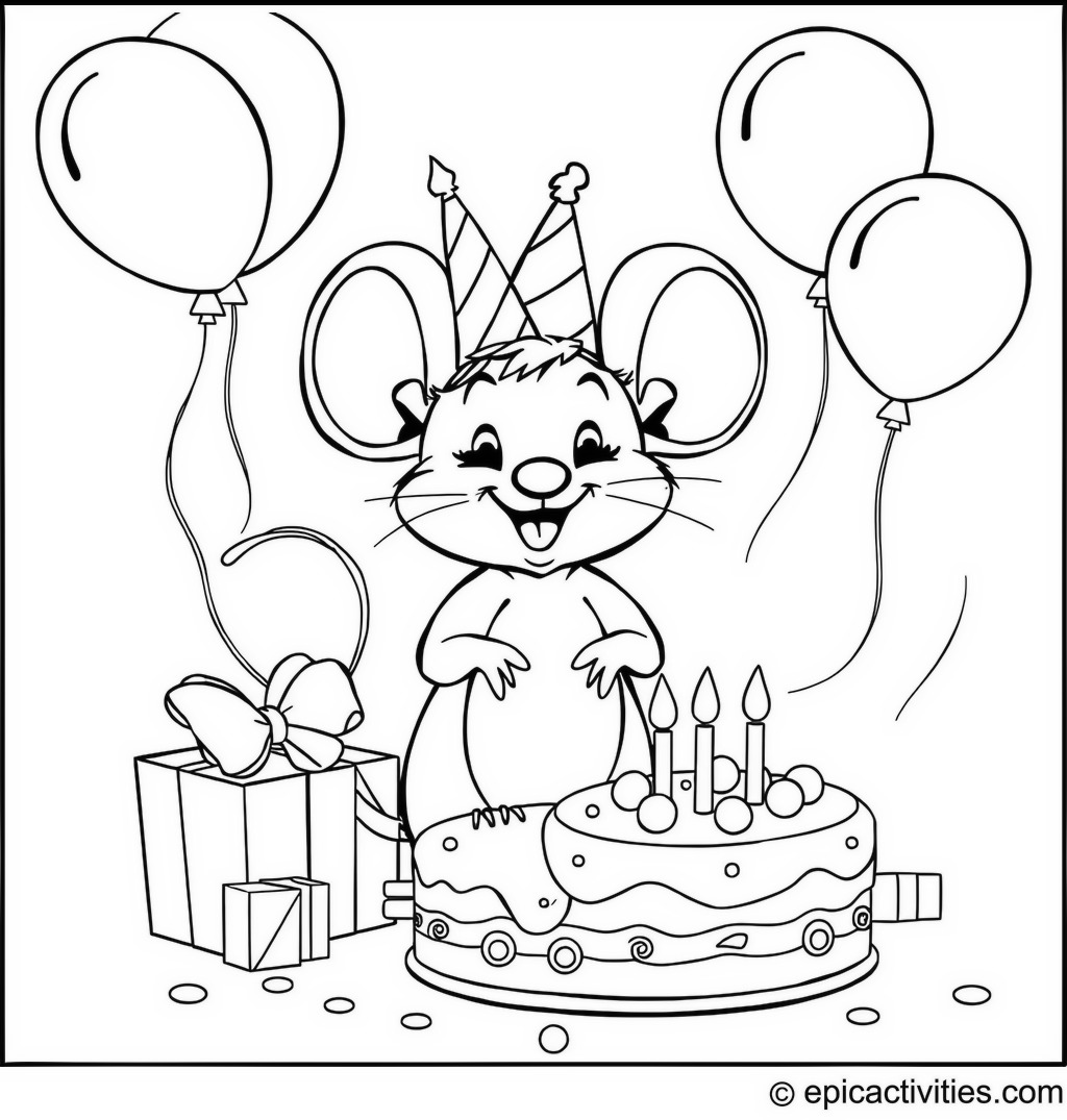 Coloring page of Cute Cartoon Mouse Birthday Party Celebration