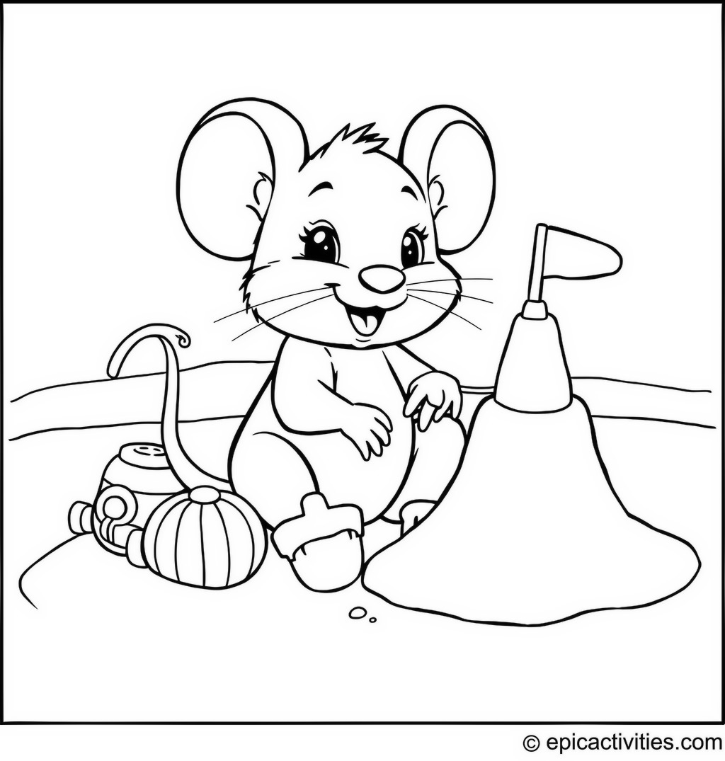 Coloring page of Cute Cartoon Mouse Building a Sandcastle at the Beach