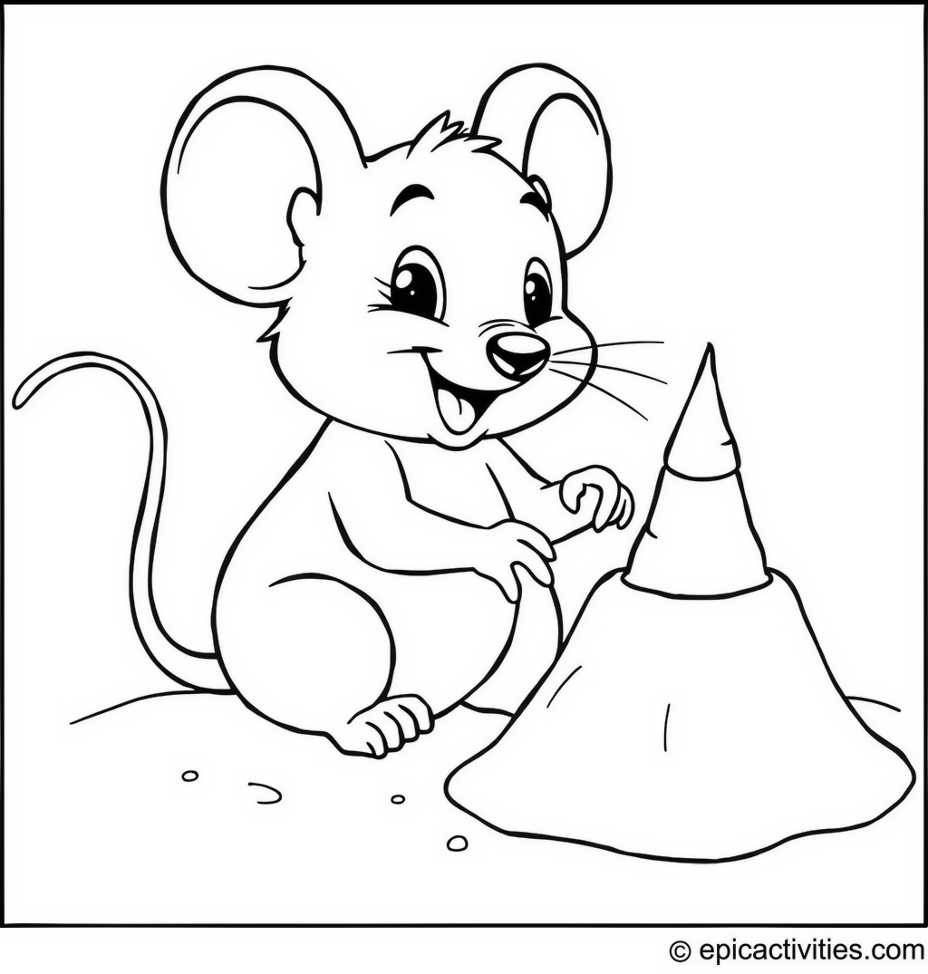 Coloring page of Cute Cartoon Mouse Building a Sandcastle at a Beach