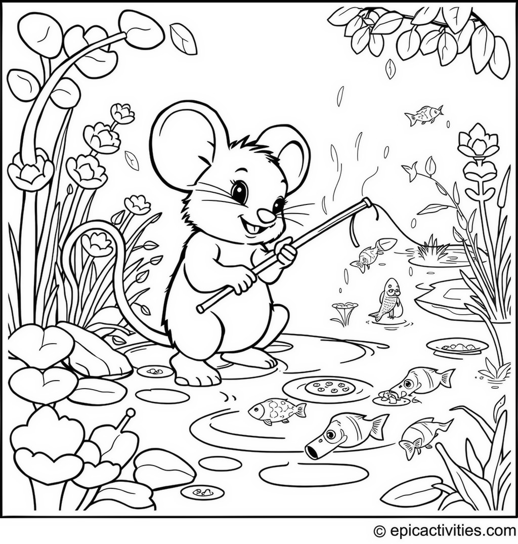 Coloring page of Cute Cartoon Mouse Fishing at a Pond Full of Jumping Fish