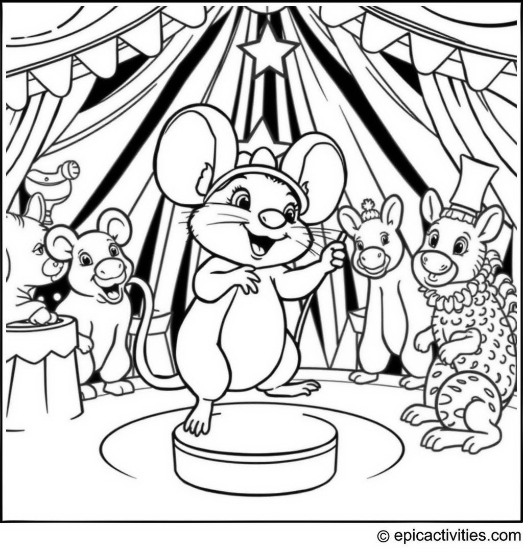 Coloring page of Cute Cartoon Mouse in a Circus