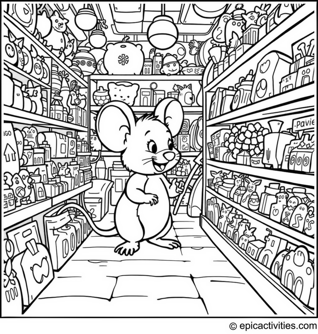 Coloring page of Cute Cartoon Mouse in a Toy Store