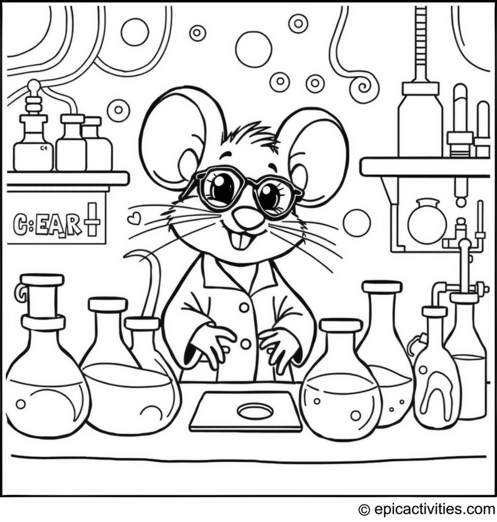Coloring page of Cute Cartoon Mouse in a Whimsical Science Lab