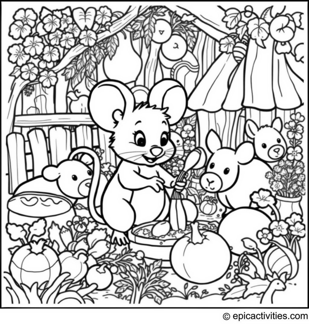 Coloring page of Cute Cartoon Mouse on a Detailed Farm Scene