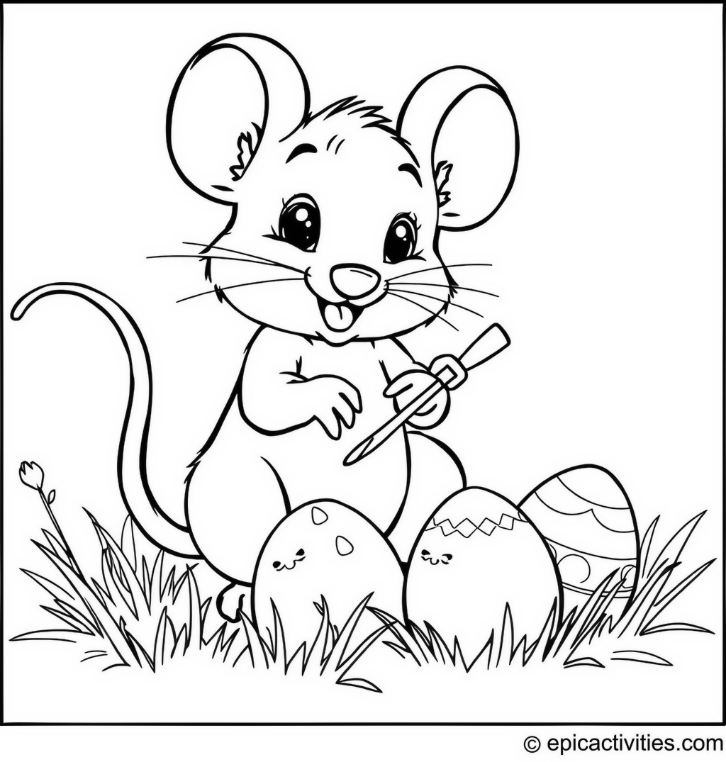 Coloring page of Cute Cartoon Mouse Painting Easter Eggs