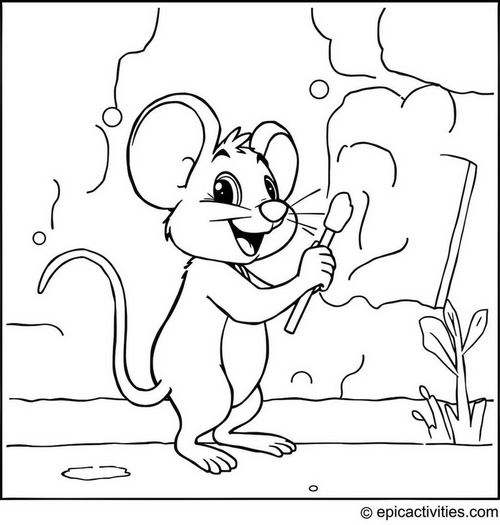 Coloring page of Cute Cartoon Mouse Painting a Mural