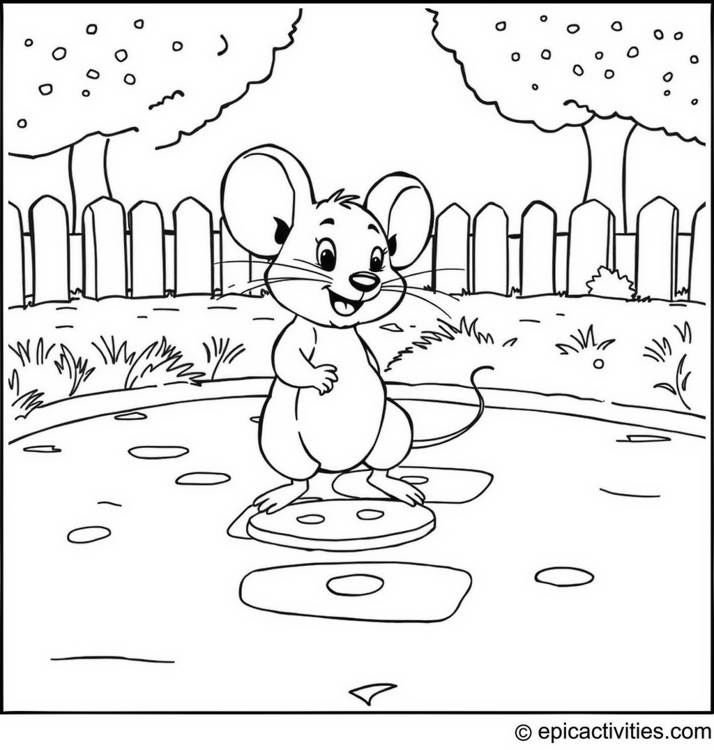 Coloring page of Cute Cartoon Mouse Playing Hopscotch on Cheese Patterns