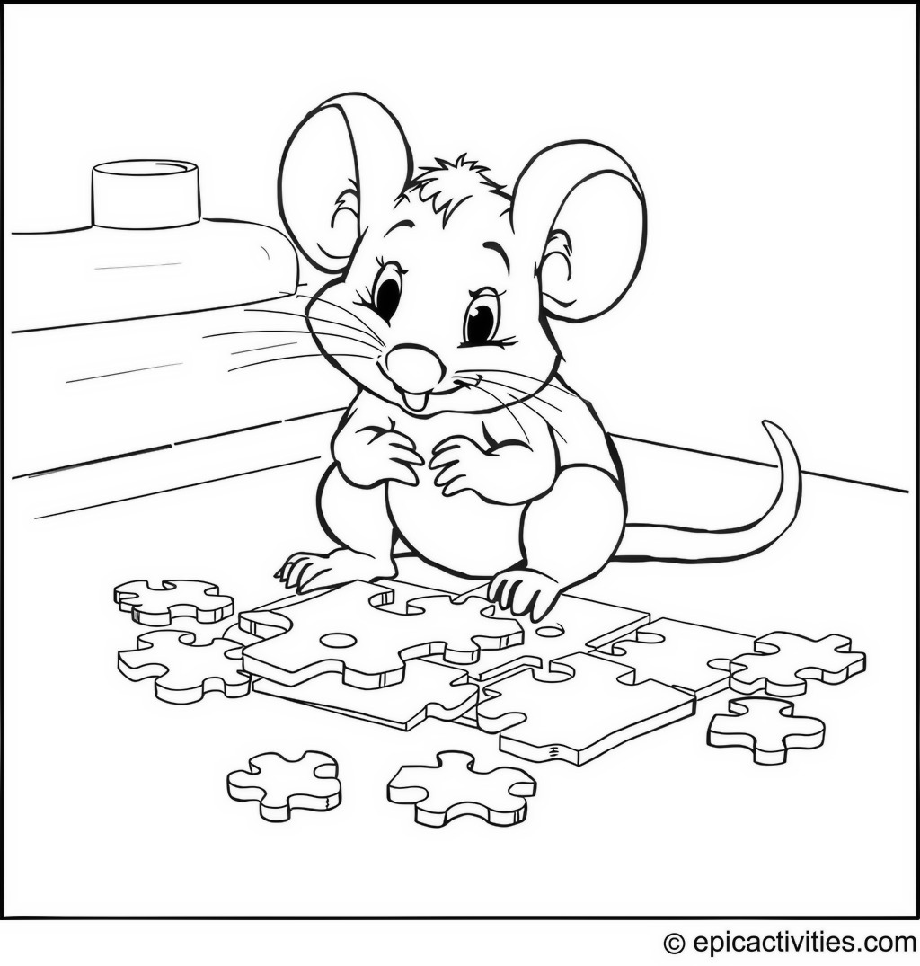 Coloring page of Cute Cartoon Mouse Solving a Jigsaw Puzzle